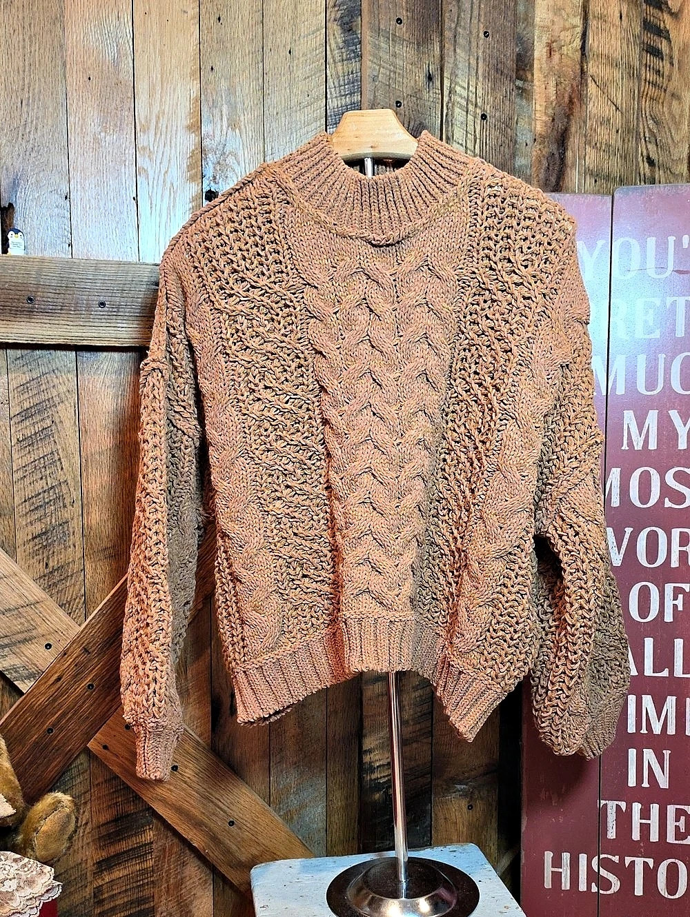 267p POL Mock Neck Cable Knit Sweater Size Small Brown